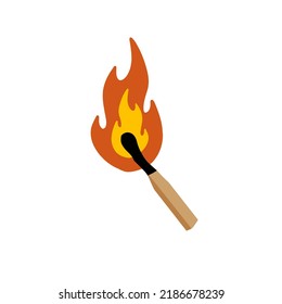 Burning match. Flame on wooden stick. Fire and ignition. Flat illustration isolated on white