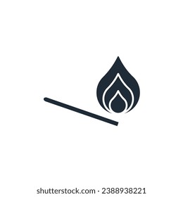 Burning match. Flame. Set on fire.  Vector linear illustration icon isolated on white background.