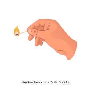 Burning match in hand. Combustion conceptual symbol. Hand drawn vector illustration in flat style. For sticker, poster, card, design element