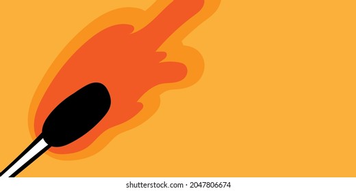 Burning match, hand drawn doodle, simple line drawing sketch illustration, design element. Vector illustration on an orange background. For postcards, posters, decor, banner.