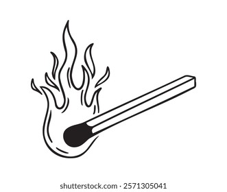 Burning match hand drawn doodle icon, simple line match drawing sketch, design outline element. Vector illustration