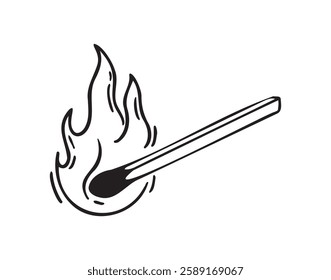 Burning match hand drawn doodle icon, simple line match drawing sketch, design outline element. Vector illustration