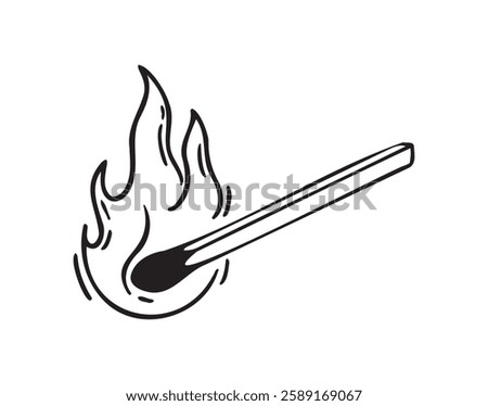 Burning match hand drawn doodle icon, simple line match drawing sketch, design outline element. Vector illustration