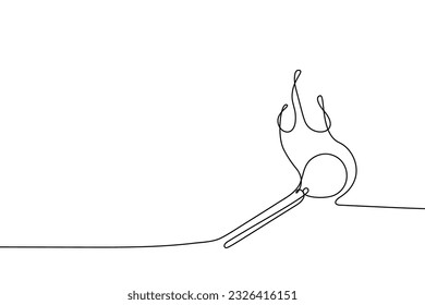 Burning match hand drawn with one continuous line. Vector illustration of matchstick on in single line style.