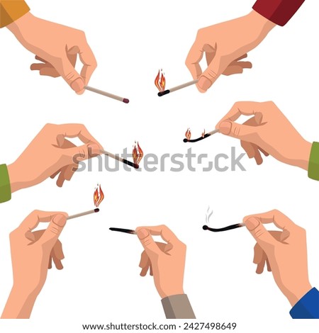 A burning match in the hand.  Matches. A burning and combustion match. 