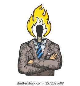 Burning match head businessman sketch engraving vector illustration. T-shirt apparel print design. Scratch board style imitation. Black and white hand drawn image.