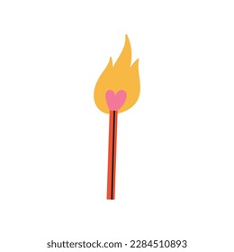 A burning match. Head of the match has a heart shape. Romance, passion and love on fire concept. For t-shirt prints, typographic design. Hand drawn vector illustration. Saint Valentine's day