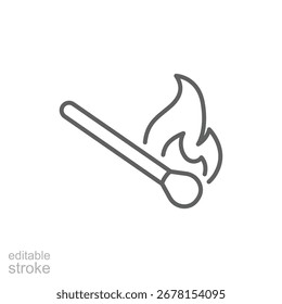 Icono de coincidencia en llamas. Estilo de contorno simple. Fuego, llama, encender, quemar, palo, chispa, seguridad, luz, azufre, concepto inflamable. Símbolo de línea delgada. Diseño aislado de trazo editable.