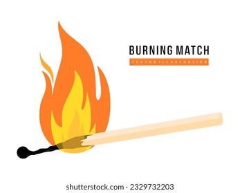 Burning match isolated. Lit match stick burning with fire flame isolated on white background. Wooden match with fire in flat style. Hot Matchstick vector illustration