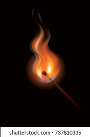 Burning match - isolated on black background - art vector