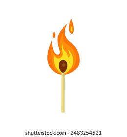 Burning match isolated on white background. Vector flat icon.