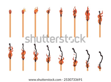 Burning match. Key frame animation of burning flame on matchstick exact vector illustrations of burnout stages