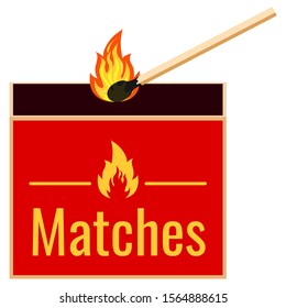 Burning Match And Matchbox Flat Design Icon Isolated On White Background. Vector Illustrations  Burning Matchstick Light With Sparks And Small Fire. Symbol Of Ignition, Withering. 