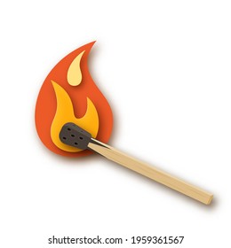 Burning match, matchstick with fire or flame. Paper cut design. Simple vector illustration on a white background