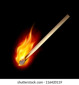 Burning match on a black background for design