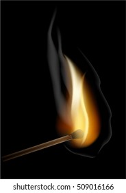 Burning match on a black background for design