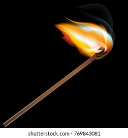 Burning match on a black background. Design 3D vector image EPS 10