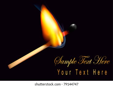 Burning match on a black background. Vector illustration.