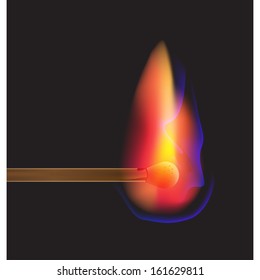 Burning match on black isolated 