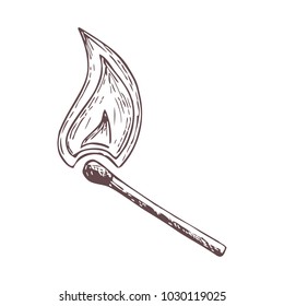 Burning match on white background, cartoon sketch illustration. Vector