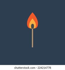 Burning match with orange fire light. Flat design style. Vector illustration