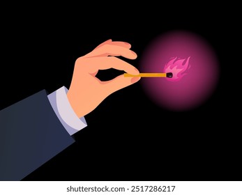 Burning match with pink flame concept. Vector design graphic illustration
