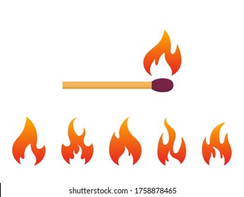 Burning match with a set of different fire shape. Flame and a matchstick. Igniting. Vector elements.