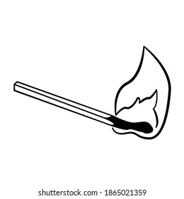 Burning match in simple linear vector image, black and white illustration