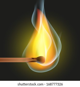 Burning match with smoke on a black background vector