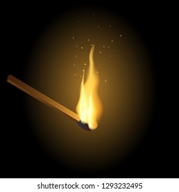 Burning match with sparks. Vector illustration
