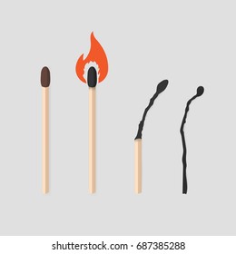 Burning match  stages set. Matchstick with sulfur, burning and burned. Colorful flat vector illustration collection.