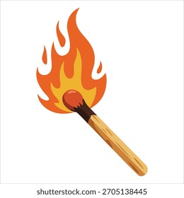 burning match stick with bright flame vector art isolated on white background