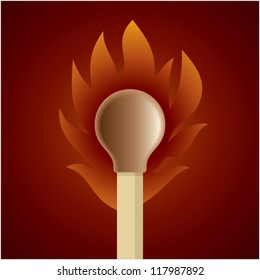 Burning match stick on a brown retro circle background