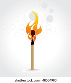 Burning match stick on a white retro circle background, vector illustration