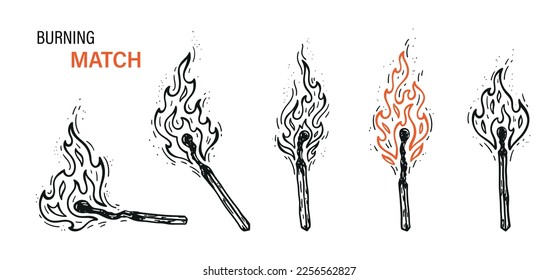 Burning Match Stick Vector Set. Outline Matchstick. Wood Match with Fire Flames.