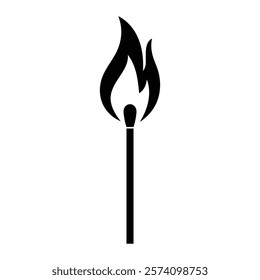 Burning match vector icon. Perfect for fire safety, camping, or lighting themes. Black silhouette isolated on white background.