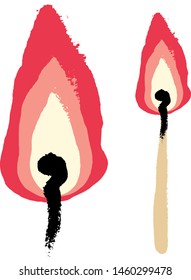 Burning match. Vector retro illustration of a match with fire. Vintage icon of match with flame