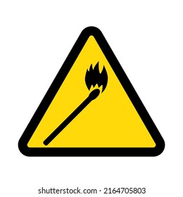 Burning match, warning yellow triangular sign isolated on white background, vector illustration
