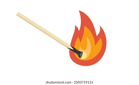 Burning match. Wooden match with fire. Lit matchstick burning with fire flame isolated on white background. Vector flat icon