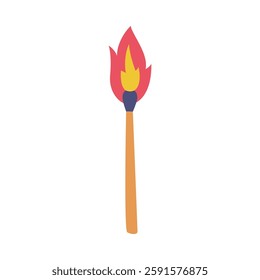 Burning Match Wooden Stick with Blazing Flame on Top Vector Illustration