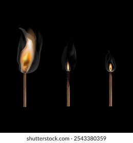 Burning matches in the dark, realistic vector graphics