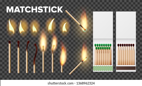 Burning Matches In Matchbooks, Flame Vector Set. Burnt Matches Stages Isolated Cliparts Pack. Wooden Matchsticks, Lighter With Fire On Transparent Background. Matchboxes Realistic Illustration