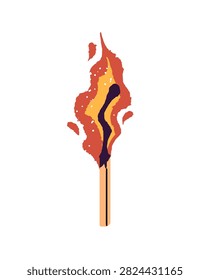 Burning matchstick with ablaze charred head and red tongues of fire. Blazing match. Combustion and burnout of flame of wooden stick. Icon of ignition. Flat isolated vector illustration on white