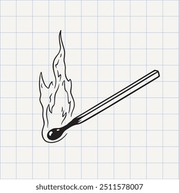 Burning matchstick doodle sketch icon. Minimalist line drawing of a match with flame. Black and white hand-drawn vector illustration.
