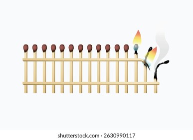 Burning matchstick fence on white background. Vector illustration