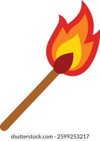 Burning Matchstick Fire Flame Clipart Illustration. Lit Match Fire Icon Simple Vector Design. Blazing with Flame Heat and Energy Symbol. Matchstick on Fire Flat Style Clipart.