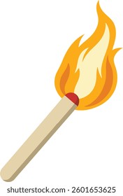 Burning Matchstick Fire Flame Clipart Illustration. Lit Match Fire Icon Simple Vector Design. Blazing with Flame Heat and Energy Symbol. Matchstick on Fire Flat Style Clipart.