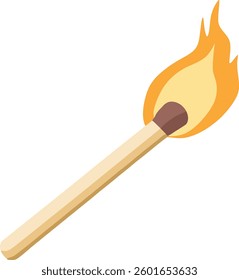 Burning Matchstick Fire Flame Clipart Illustration. Lit Match Fire Icon Simple Vector Design. Blazing with Flame Heat and Energy Symbol. Matchstick on Fire Flat Style Clipart.