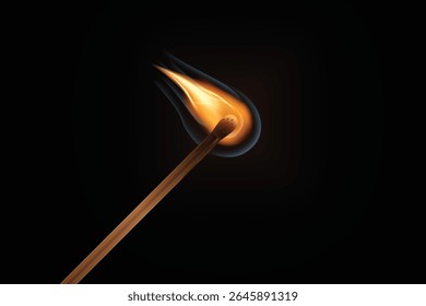 Burning Matchstick with Flame on Dark Background Close Up Macro Photography, PNG cut-out
