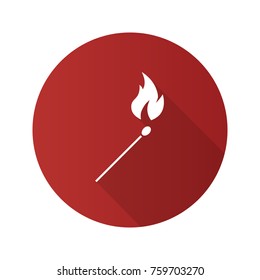 Burning matchstick flat design long shadow glyph icon. Arson. Vector silhouette illustration